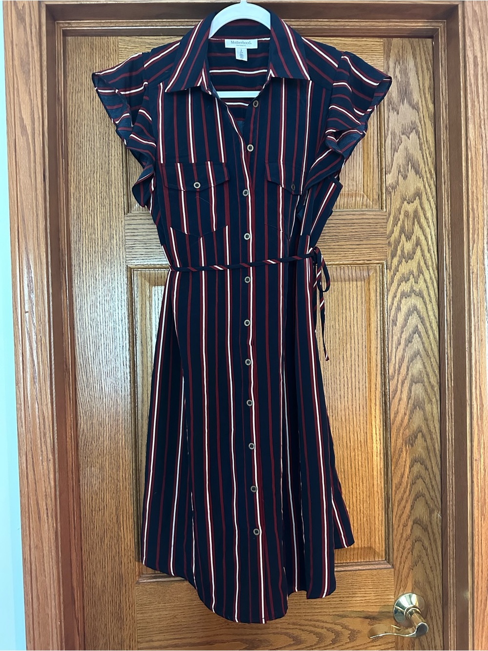 Motherhood Navy Midi Shirt Dress with Red Stripes